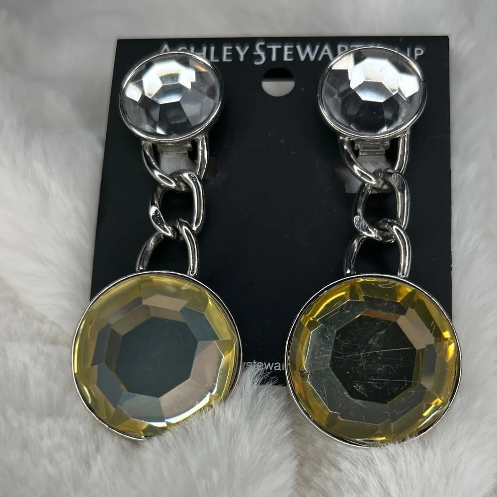 Ashley Stewart Silver and Yellow Gem Earrings clip on - Picture 3 of 5